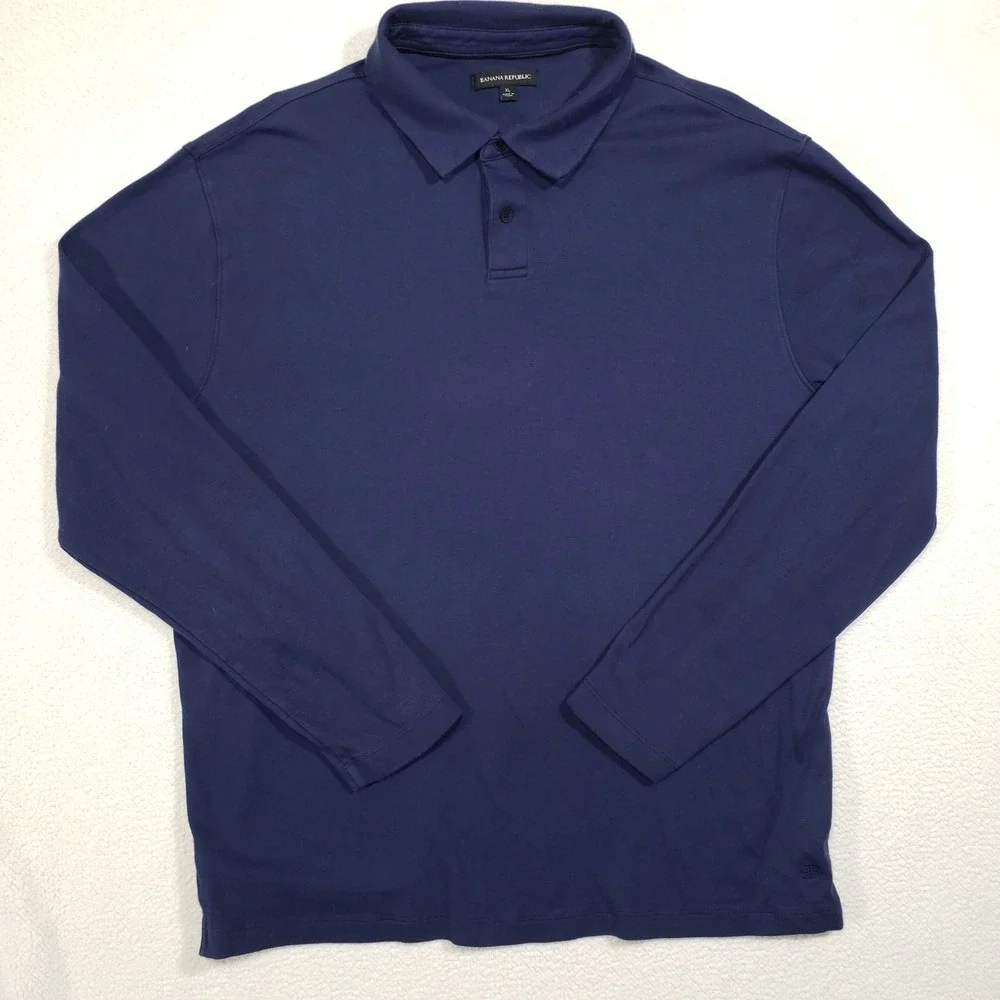 Banana Republic Polo Shirt Men XL Navy Blue Long Sleeve Cotton Jersey Embroider